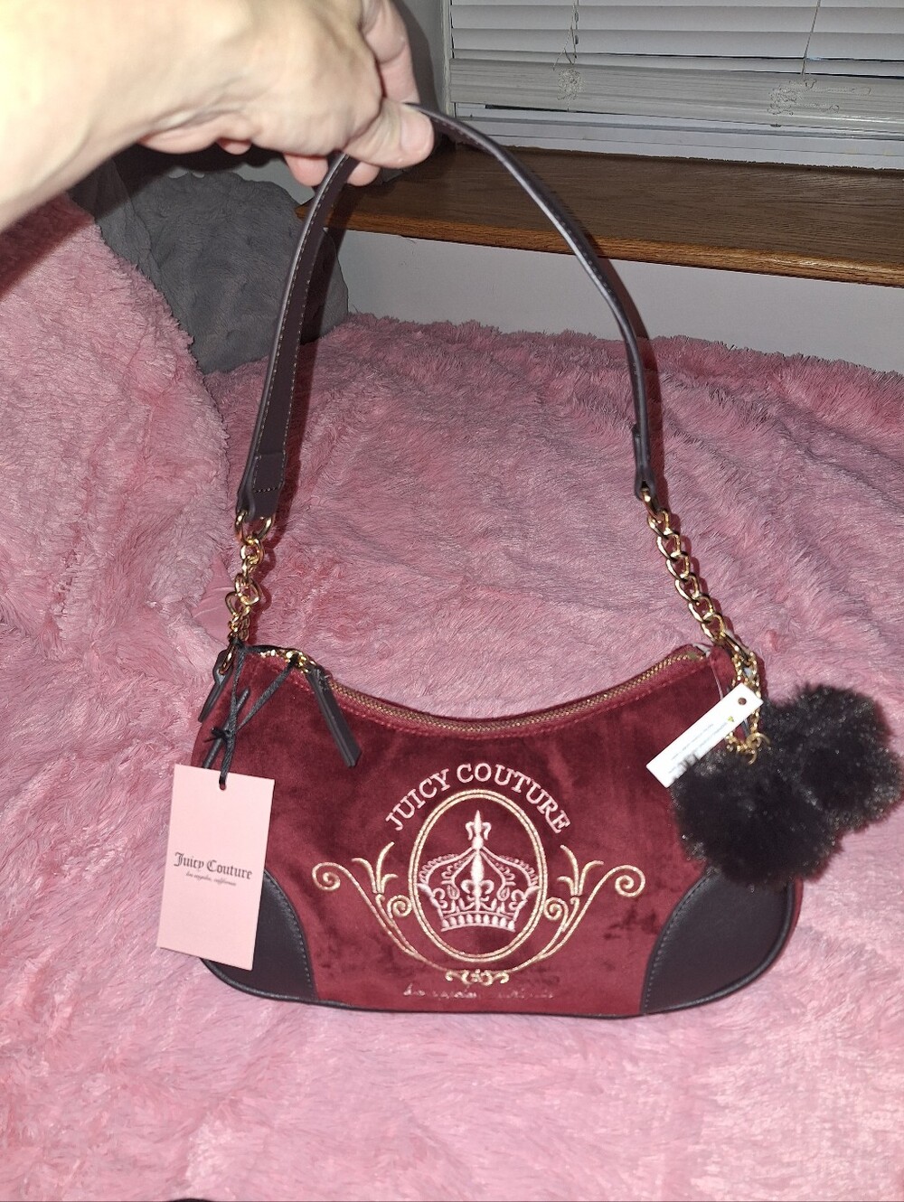 Juicy Couture Burgundy Velvet Shoulder Bag with Gold Embroidery